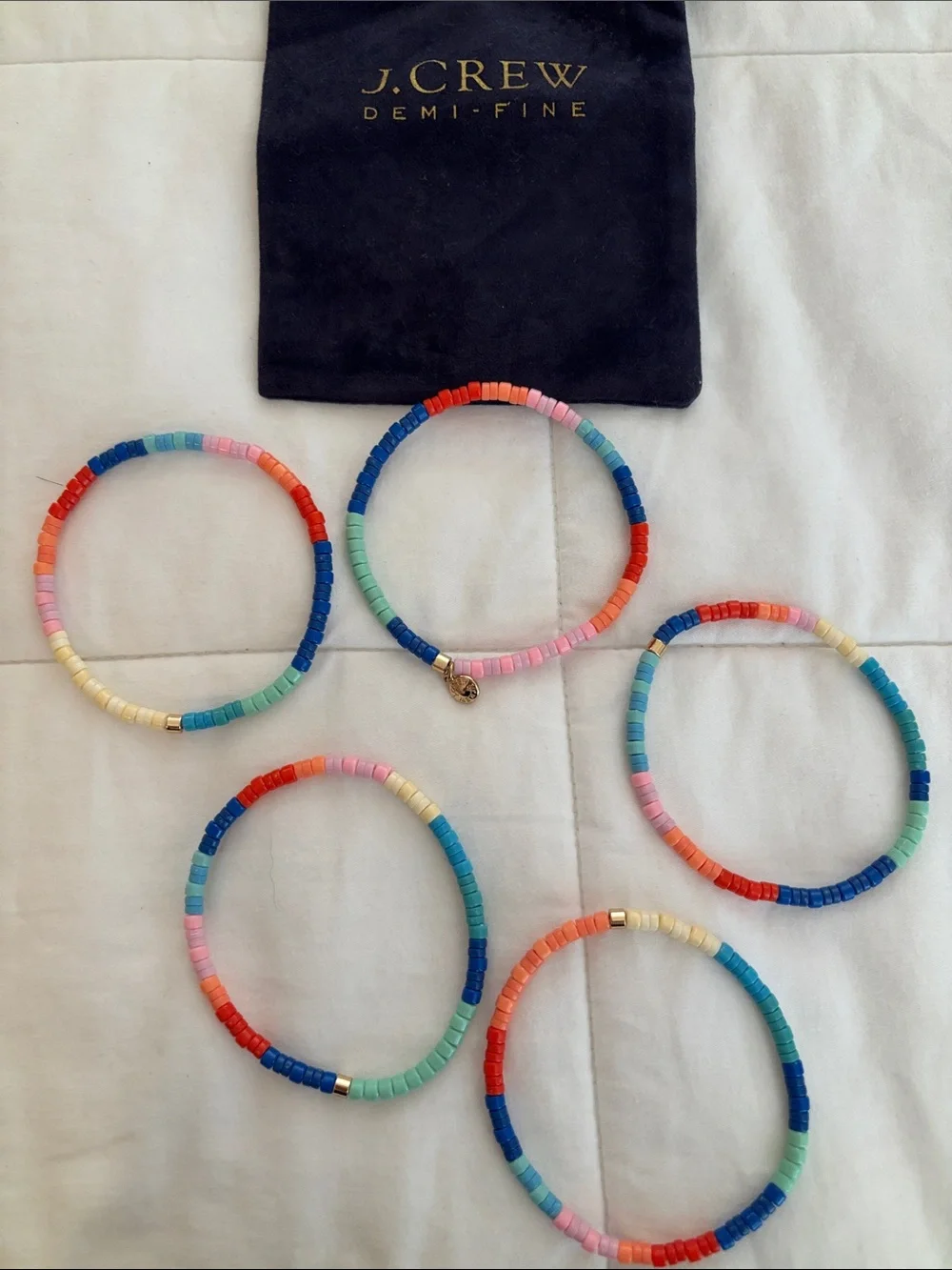 J. Crew Coral, Blue & Mint Multi-Bead Stretch Bracelet Set NWOT
